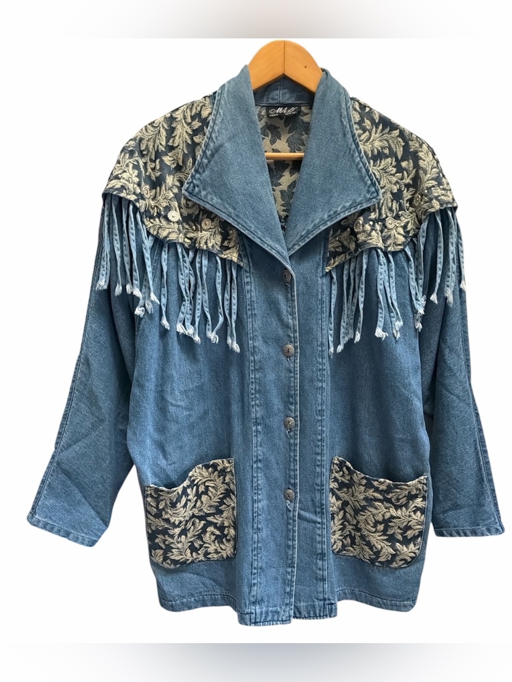 Vintage Denim Fringe Western Jacket Dolman Sleeve Brocade Trim L/XL